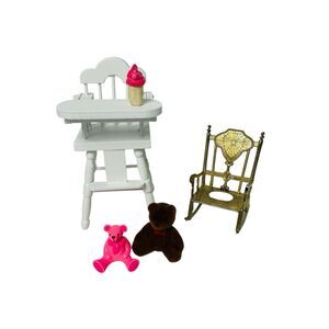 Dollhouse Miniature White Wood Baby High Chair Vintage Metal Rocking Chair  1:12